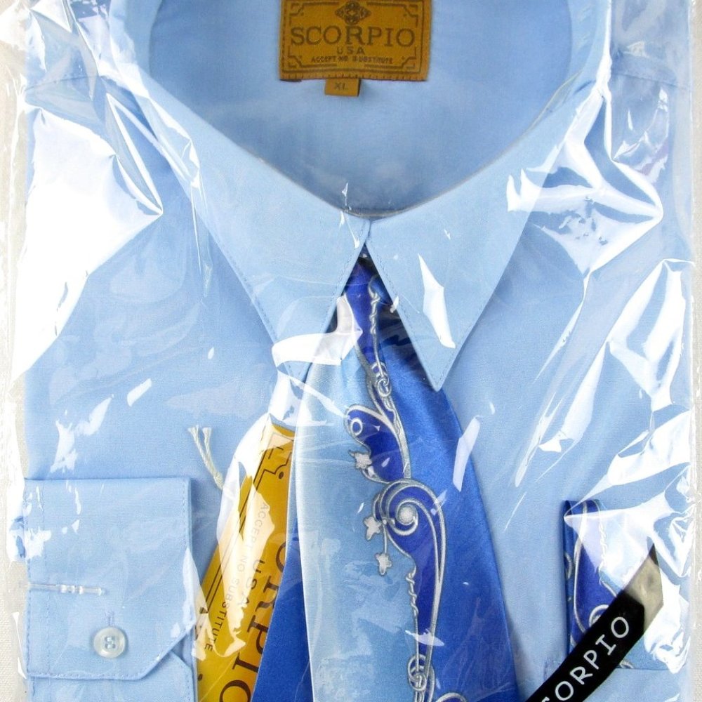 NWT Scorpio Men's 3 Pc Blue Dress Shirt, Tie & Pocket Square Set, Size XL (17.5)